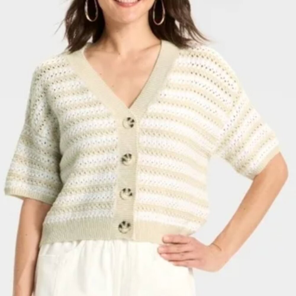 Universal Thread Cream Striped Button-Front Cardi… - image 1